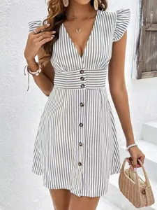 Women summer striped v-neck ruffle sleeve mini dress button front casual chic apparel