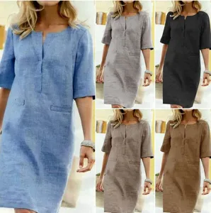 Short sleeve cotton linen dress detail view, showcasing multiple color options and casual V-neck style.