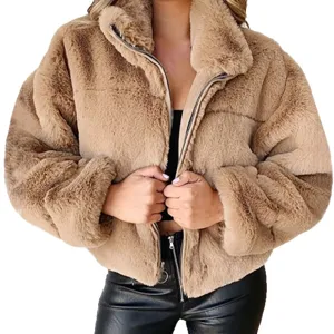 Femme fausse fourrure veste zippée hiver chaud peluche manteau chic casual vêtement.