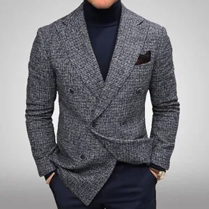 Men's double breasted tweed blazer casual slim fit suit jacket grey retro outerwear