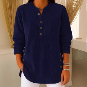 Women's Solid Color Loose Casual V-Neck Button Long Sleeve Top Fall Winter Autumn Fashion