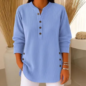 Light blue ribbed long sleeve button V-neck casual blouse for women daily wear main top