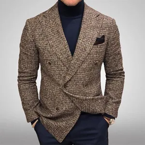 Men's casual brown tweed double-breasted blazer jacket, stylish business suit outerwear.