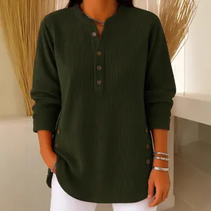 Dark green ribbed long sleeve V-neck button henley top for women, casual autumn wear.