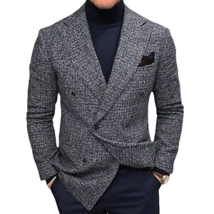Men's double-breasted tweed blazer casual suit jacket autumn winter fashion outerwear