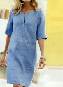 Women Short Sleeve Cotton Linen Dress V-Neck Casual Solid Color Midi Summer Dress.