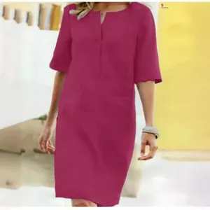 Women casual short sleeve linen dress solid color midi length comfortable summer wear