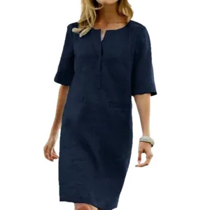 Women solid color short sleeve cotton linen dress casual summer midi dress main view showcase