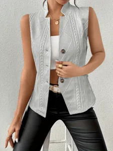 Gilet sans manches gris pour femme, haut blazer tricoté élégant pour tenue quotidienne.
