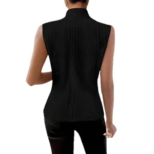 Femme gilet en tricot noir sans manches col montant motif losanges haut décontracté