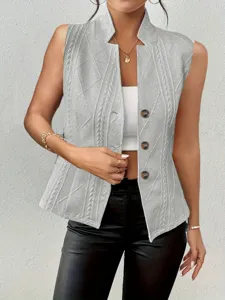 Gilet de costume sans manches en tricot gris argenté pour femmes avec boutons et tresses