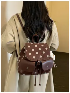 Korean style polka dot backpack detail showing the soft brown fabric, cute design, and pockets.