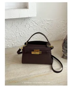 Minimalist retro dark brown crossbody bag detail view, elegant structured design with gold hardware.
