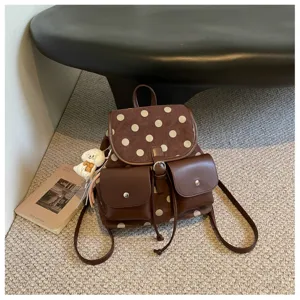 Korean style polka dot backpack for women, large capacity casual commuting school bag brown.