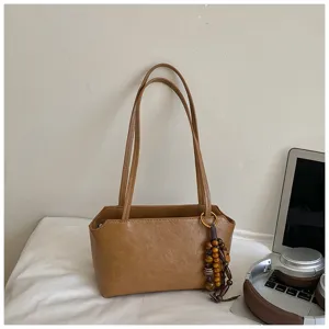 Bolso de hombro minimalista de cuero sintético marrón para mujer, bolso retro elegante.
