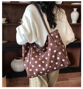 Sac cabas marron à pois chic pour femmes, grand sac porté épaule rétro pour travail.