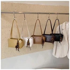 Bolso de hombro minimalista para mujer, bolso vintage de color liso con colgante de cuentas.