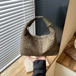 Bolso de Mano de Cuero PU Tejido de Textura de Nicho Francés para Mujer Bolso de Hombro Cruzado Tipo Cubo Mediano Vintage