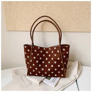 Cabas vintage à pois marron, grand sac à main en suédine, sac d'épaule décontracté pour travail.