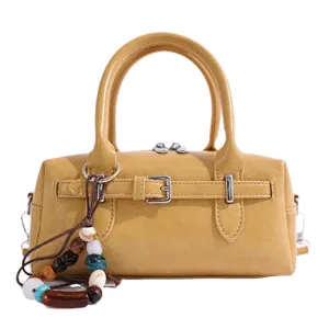 Chic yellow women handbag stylish commuting shoulder bag PU leather pillow bag with beaded charm
