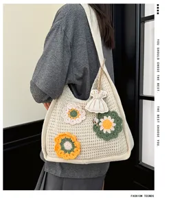 Large capacity hollow knitted shoulder tote bag with cute floral crochet and dress pendant design.