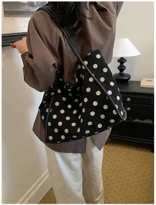 Sac cabas fourre-tout vintage à pois en toile, grand sac à épaule pour le travail quotidien.