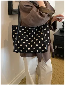 Grand sac cabas noir et blanc à pois décontracté, sac à main vintage pour femmes.