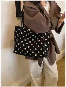 Sac cabas noir à pois avec bordure en cuir, grand sac à épaule pour le travail et les déplacements.