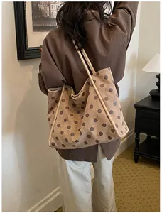 Sac cabas rétro à pois pour femme, sac à épaule décontracté de grande capacité pour le quotidien.