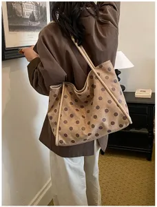 Grand sac cabas rétro à pois pour femme, élégant sac porté épaule pour le travail.