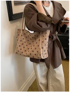 Sac cabas rétro de grande capacité pour femme, sac à épaule élégant avec motif à pois.