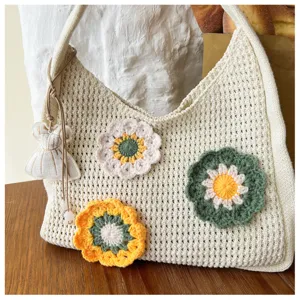Large capacity floral hollow knitted tote bag, casual summer beach shoulder handbag for women.