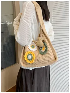 Chic crochet shoulder bag with cute floral appliques, large capacity knit tote for summer.
