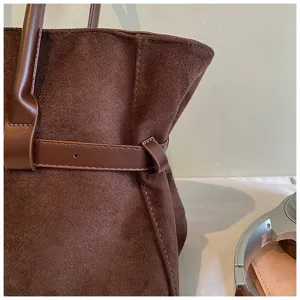 Brown suede tote bag for women, large capacity shoulder bag, stylish retro commuter bag.