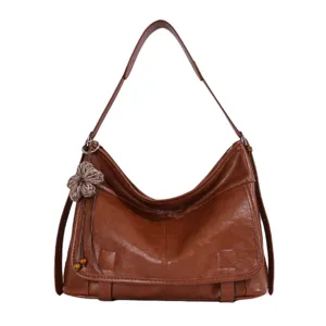 Borsa a tracolla vintage in pelle marrone da donna, elegante borsa casual con nappina.