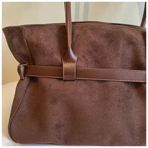 Brown suede tote bag for women, large capacity shoulder bag with belt for commute.