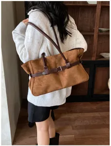 Vintage brown suede tote bag for women, large capacity shoulder bag with stylish belt.