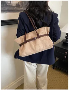 Stylish retro suede tote bag for women, large capacity shoulder bag, perfect for daily commute.