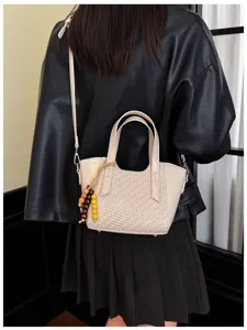 Sac cabas texturé tissé pour femme élégant sac bandoulière décontracté avec perles bois