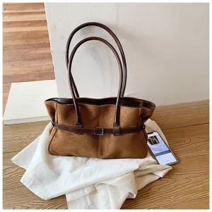 Retro brown suede tote bag for women, large capacity shoulder bag for daily commute and fashion.