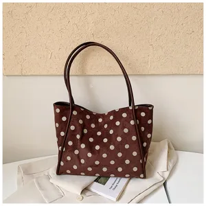 Vue détaillée du sac cabas rétro à pois marron, grand sac à épaule pour femme style casual.