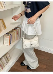 White leather shoulder bag for women, retro underarm bag with front pocket, stylish daily purse.