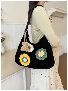 Black crochet floral knit shoulder bag detail, stylish summer hobo tote for women, chic casual.