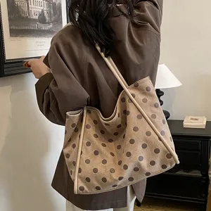 Sac cabas à pois marron rétro pour femme, grand sac à main d'épaule en suédine pour le quotidien.