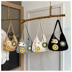 Crochet floral hollow knit shoulder bag casual tote summer beach handbag for women