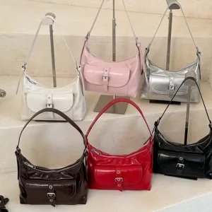Borsa a tracolla trendy in pelle verniciata, elegante borsa hobo con tasca frontale e fibbia.