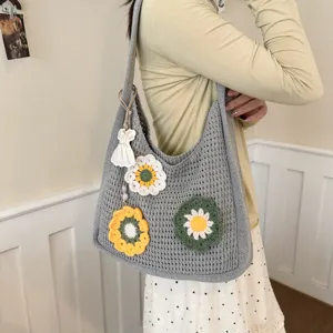 Grey crochet floral shoulder bag, large capacity hollow knit tote for summer vacation style.