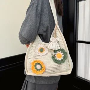 Korean style crochet tote bag for women, large capacity hollow knit shoulder bag with floral.