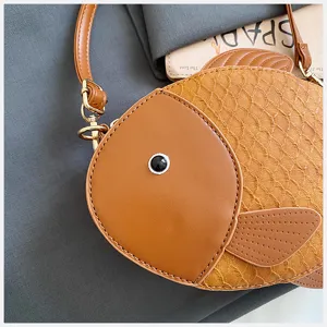 Creative cute fish PU leather crossbody shoulder bag for women brown handbag detailed close up