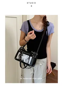 Japanische minimalistische schwarze Umhängetasche süße Ita-Tasche mit transparentem Sichtfenster.